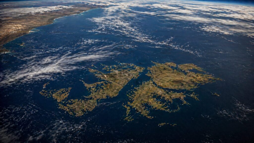 Aerial view of Falklands in the Atlantic Ocean.  