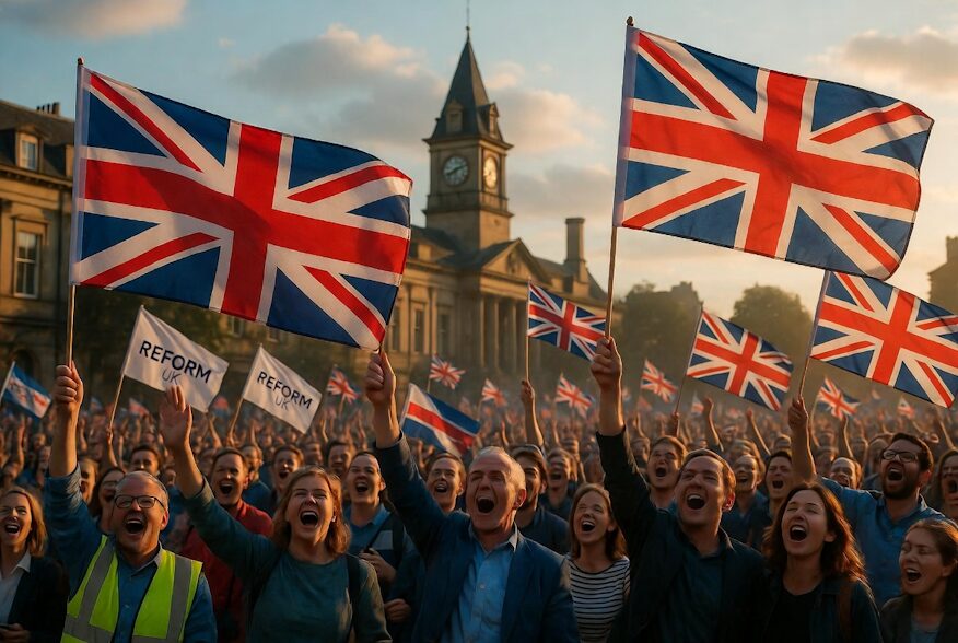Reform UK supporters celebrating Havering council win May 2026.