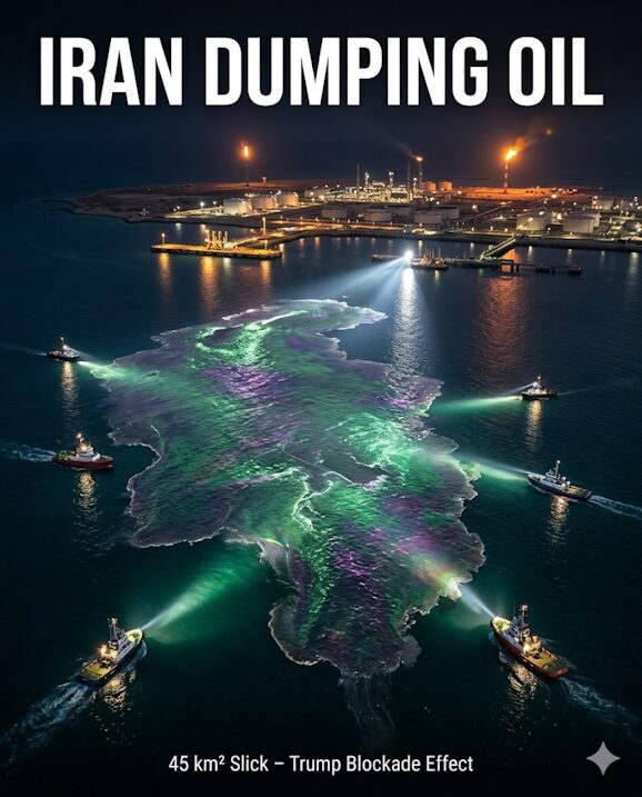 Iran Kharg Island oil slick night Persian Gulf.