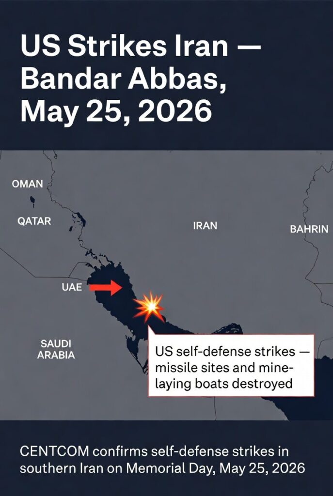 US self-defense strikes near Bandar Abbas, southern Iran — Strait of Hormuz, May 25, 2026.
