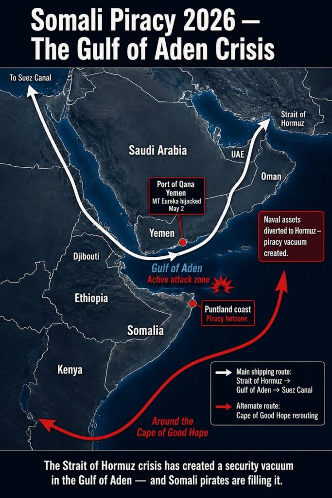 Somali piracy 2026 — the Gulf of Aden security vacuum created by the Hormuz crisis.