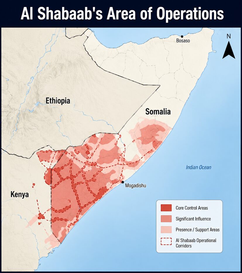 Al-Shabaab's area of operations — the terror network behind piracy's funding.