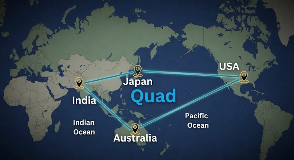 The Quad alliance — US, Japan, Australia, and India united for a free and open Indo-Pacific.