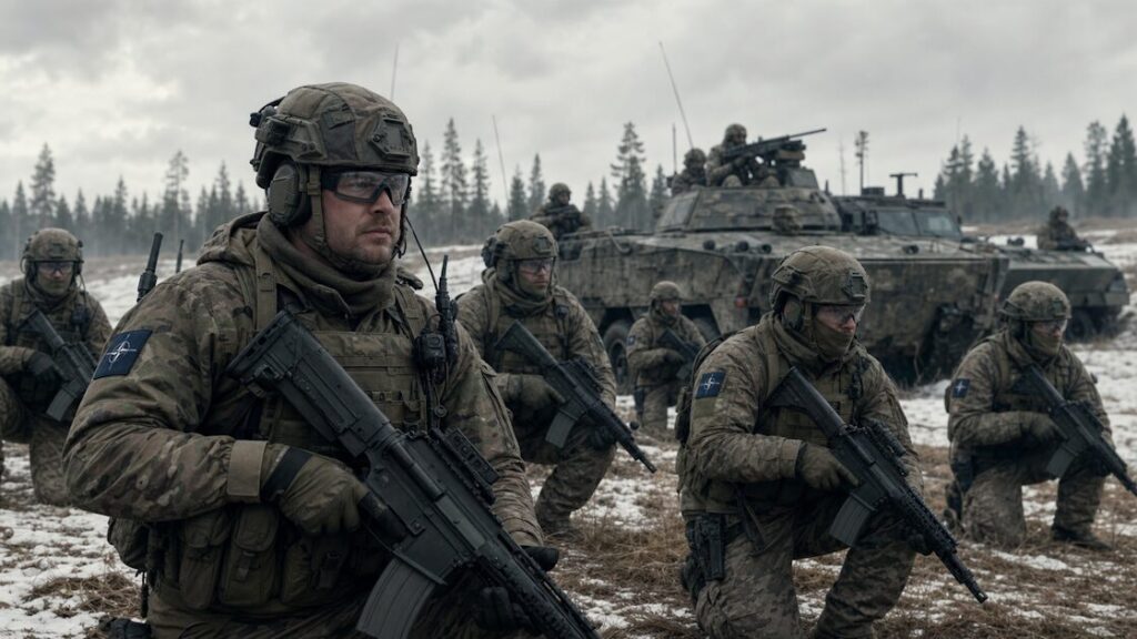 NATO troops deploy in a Baltic winter landscape as the eastern flank restructuring takes effect.