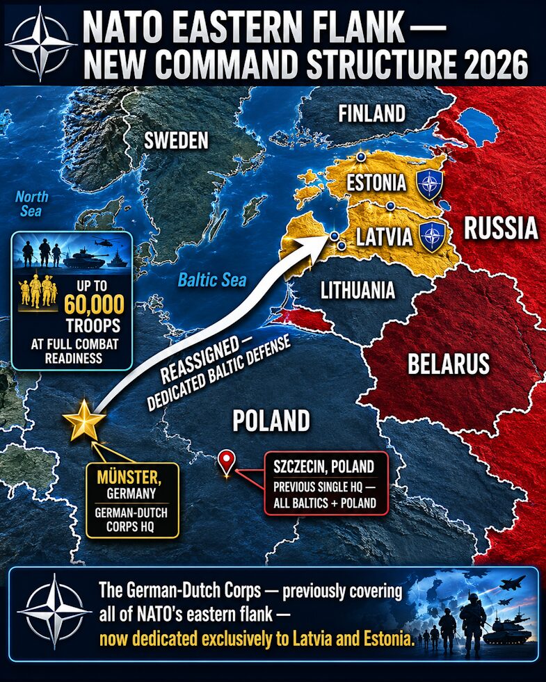 NATO eastern flank restructured — the German-Dutch Corps now dedicated exclusively to Latvia and Estonia, May 2026.