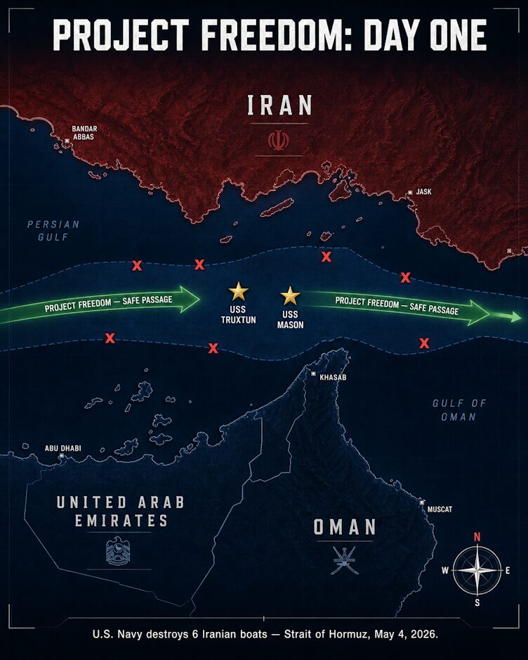 Project Freedom Operations Map — Strait of Hormuz, May 2026