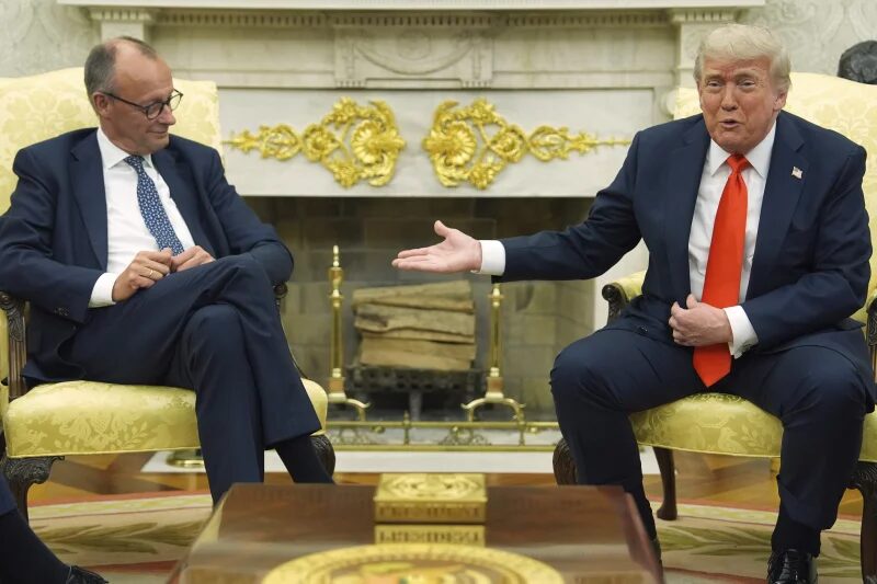 President Donald Trump (right) meets German Chancellor Friedrich Merz in the Oval Office, June 2025.