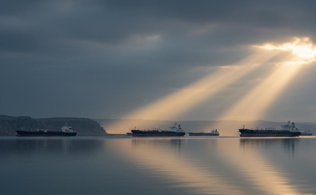 Vessels anchored in the Strait of Hormuz as Iran's blockade enters its third month.