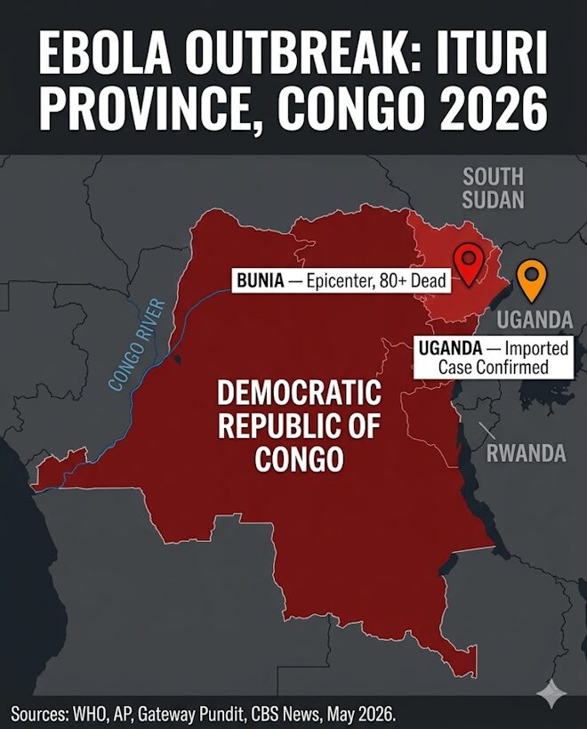 Ebola Outbreak Epicenter: Ituri Province, Congo, Bordering Uganda, May 2026.
