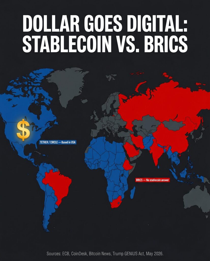 Dollar Stablecoin Expansion vs. BRICS Dollar Alternative Push, 2026.