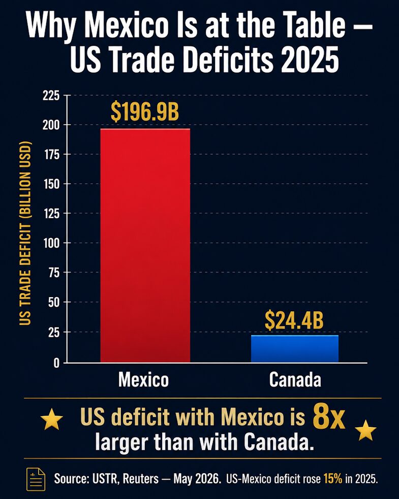 The US trade deficit with Mexico is 8 times larger than with Canada — the core reason Mexico gets bilateral talks first.
