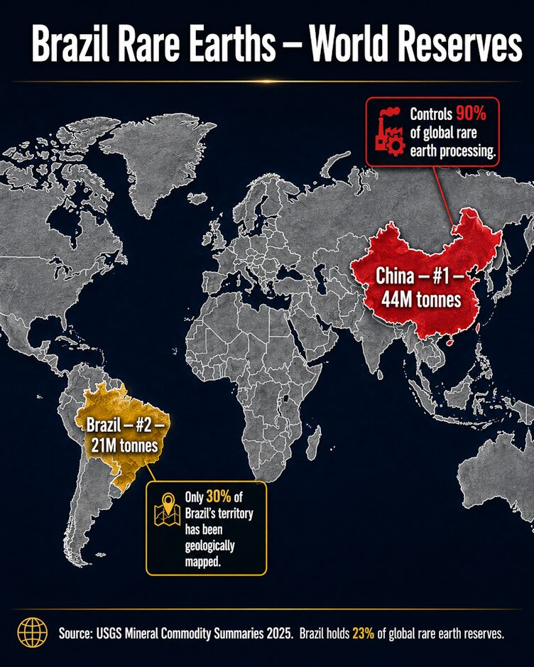 Brazil rare earths — the world's second-largest reserves, with 70% of Brazilian territory still unmapped.