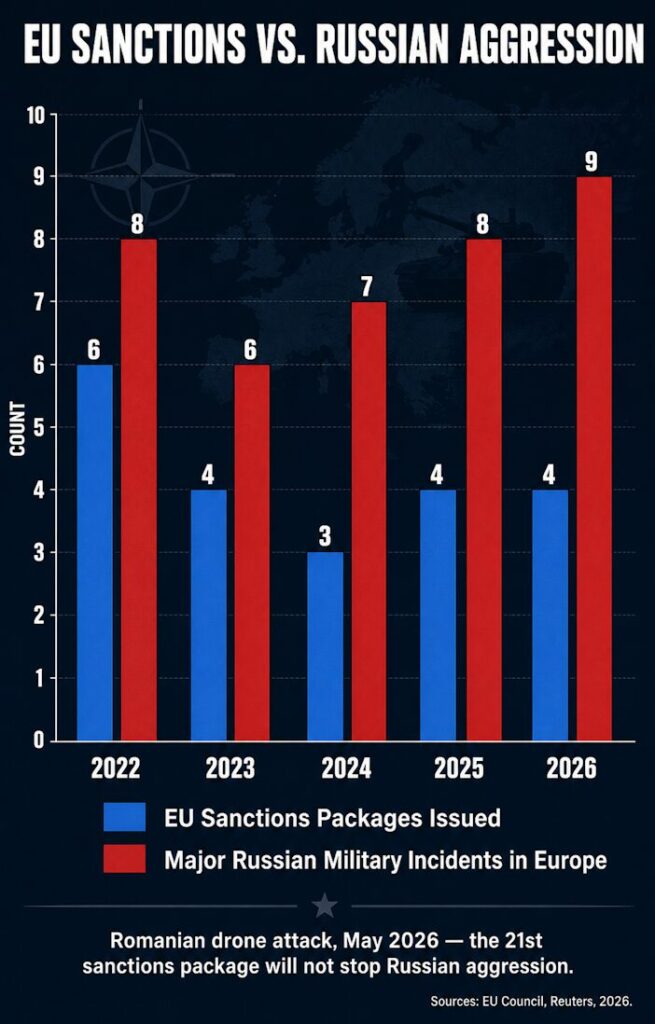 EU sanctions packages vs. Russian aggression in Europe, 2022–2026. Approximate figures based on available reporting. Sources: EU Council, Reuters, 2026.