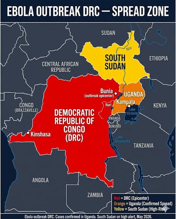 Ebola outbreak DRC Uganda spread map May 2026.