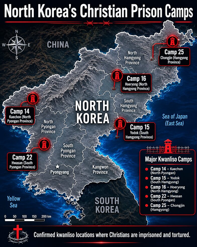 Map of North Korea's known political prison camp locations.