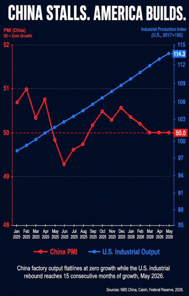 China factory output vs. U.S. industrial rebound trend, January 2025 – May 2026.