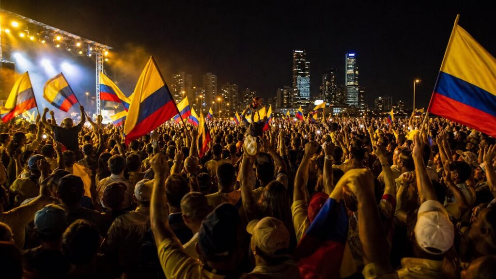 Supporters celebrate De la Espriella's first-round victory in the Colombia runoff election, May 31, 2026.
