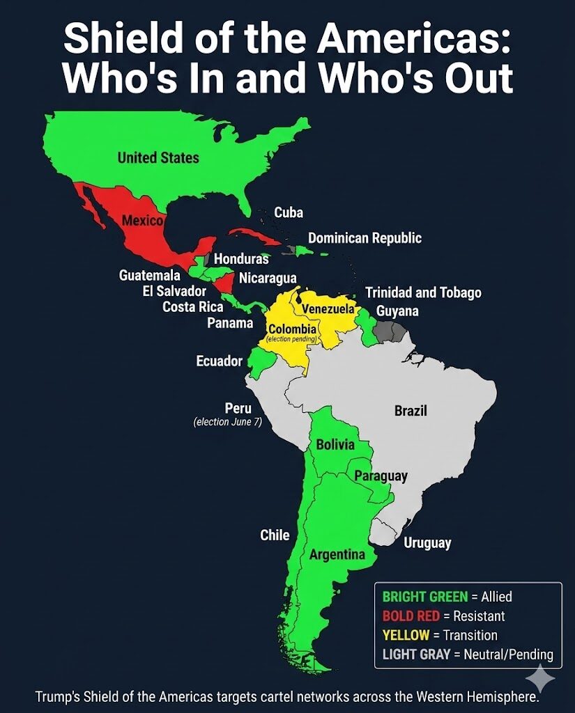 Countries joining Trump's Shield of the Americas initiative against cartel networks.