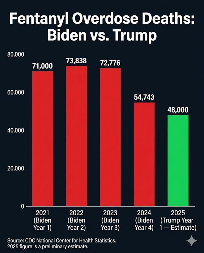 Fentanyl deaths skyrocketed under Biden and began dropping under Trump's border and cartel policies.