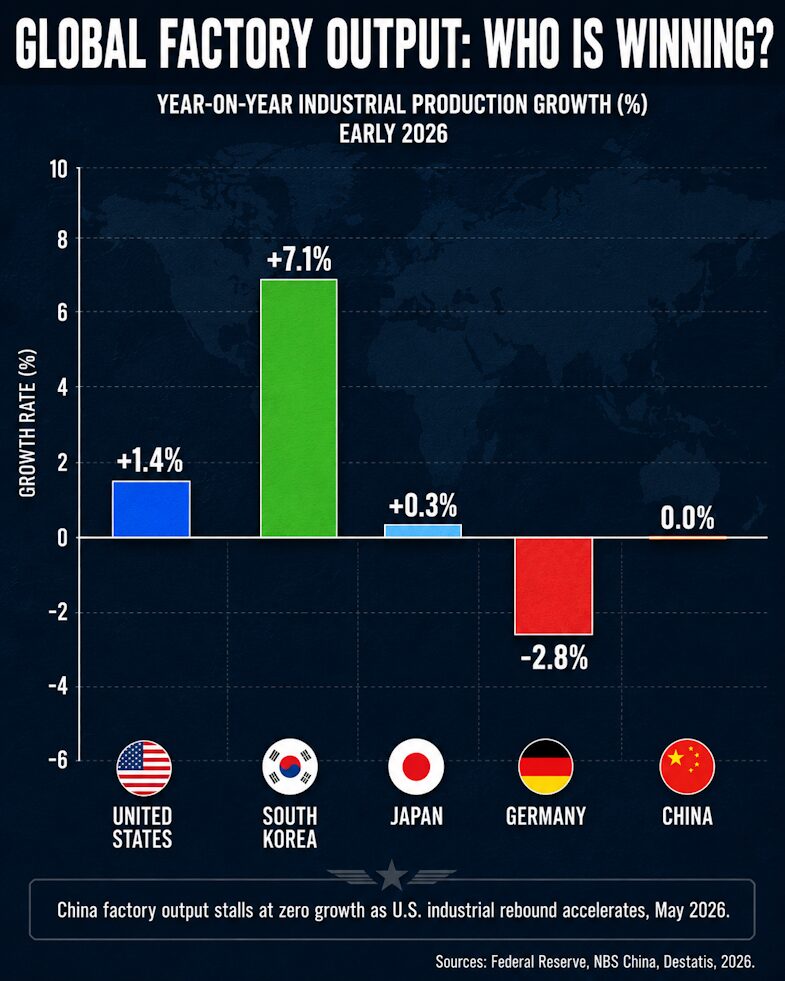 Global factory output comparison — China stalls, U.S. industrial rebound leads, May 2026.