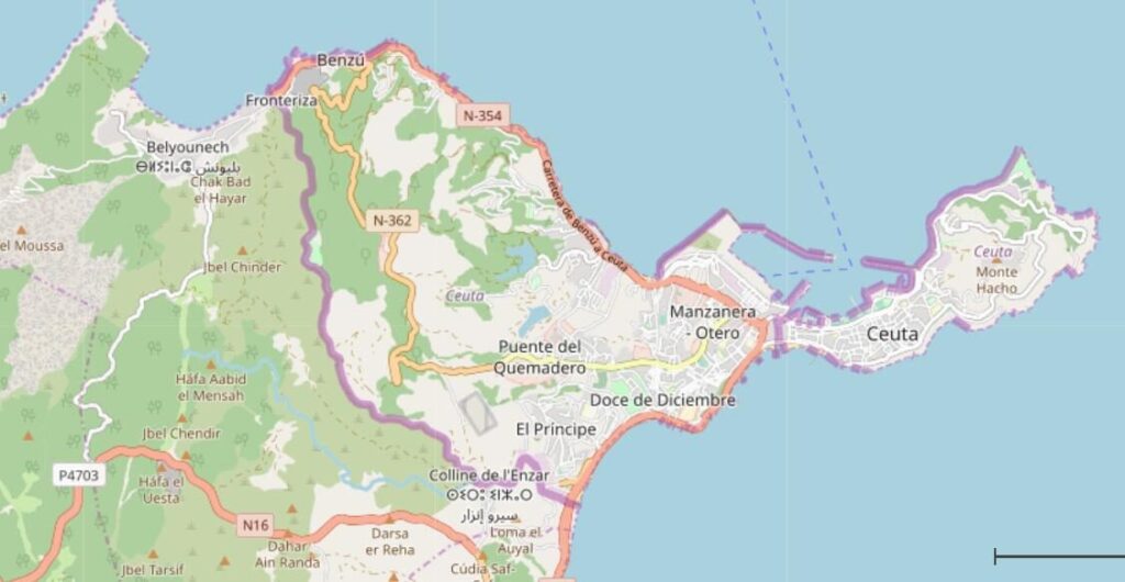 Map showing Ceuta, a Spanish enclave bordering Morocco