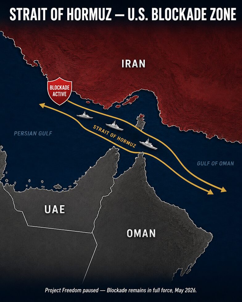 Strait of Hormuz: U.S. Blockade Remains Active, May 2026.