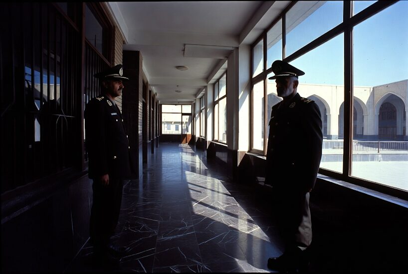 Two Iranian Military Officers Patrol a Government Building Corridor, Tehran.