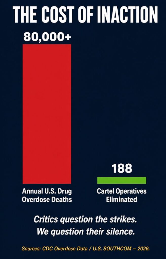 U.S. Drug Overdose Deaths vs. Cartel Operatives Eliminated, 2026.