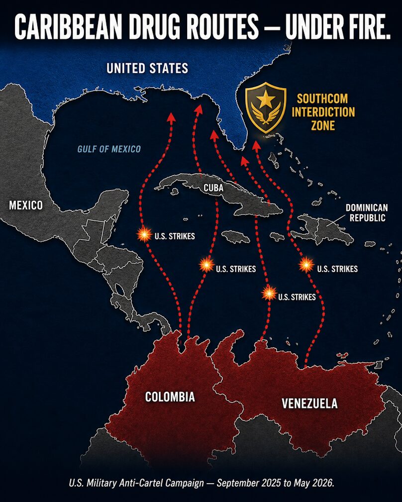 Caribbean Drug Trafficking Routes Targeted by U.S. Military, 2026.