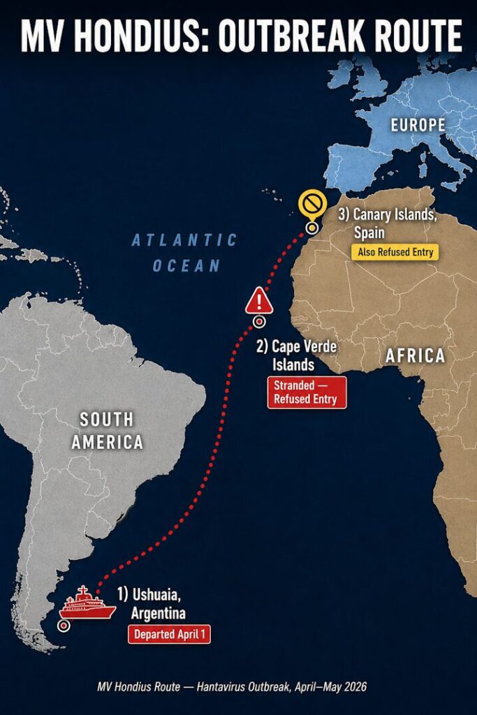 MV Hondius Route: From Ushuaia, Argentina to Cape Verde, Africa.