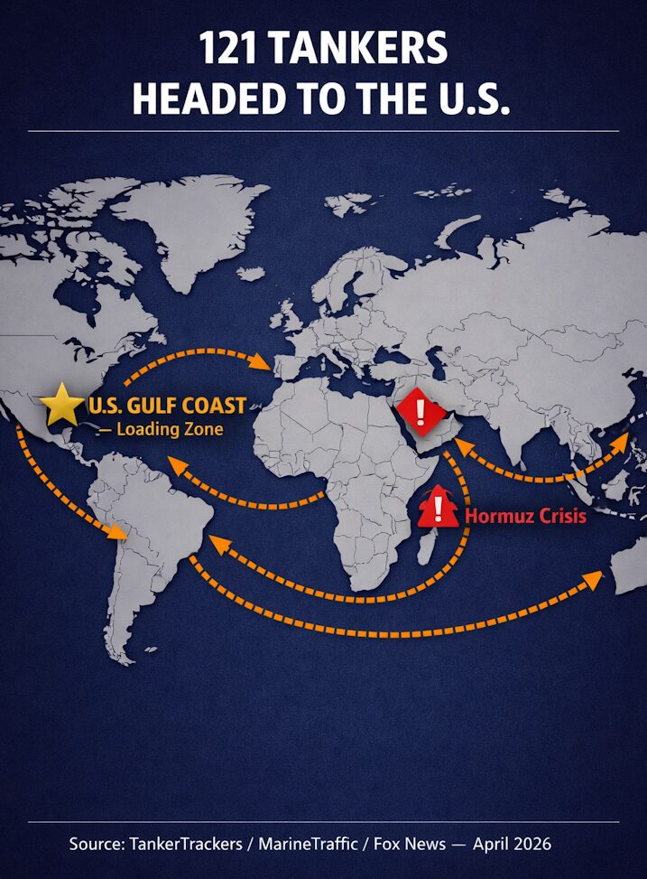 121 Empty Oil Tankers Converging on U.S. Gulf Coast, April 2026.