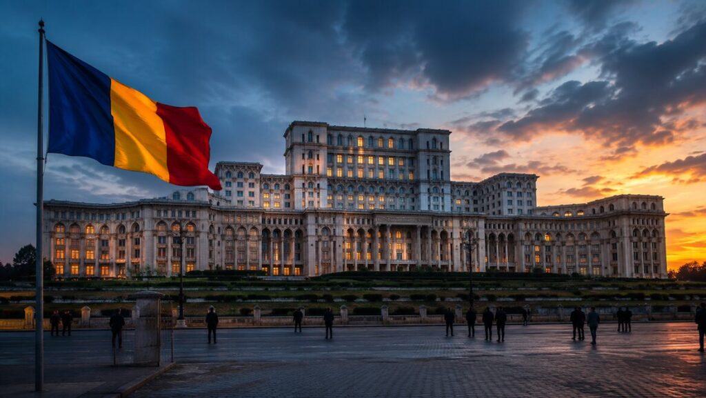 Romanian Parliament At Dusk In Political Crisis.