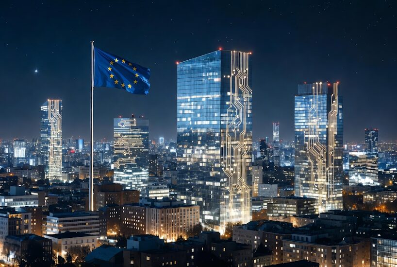 European city skyline night EU flag technology lights".
