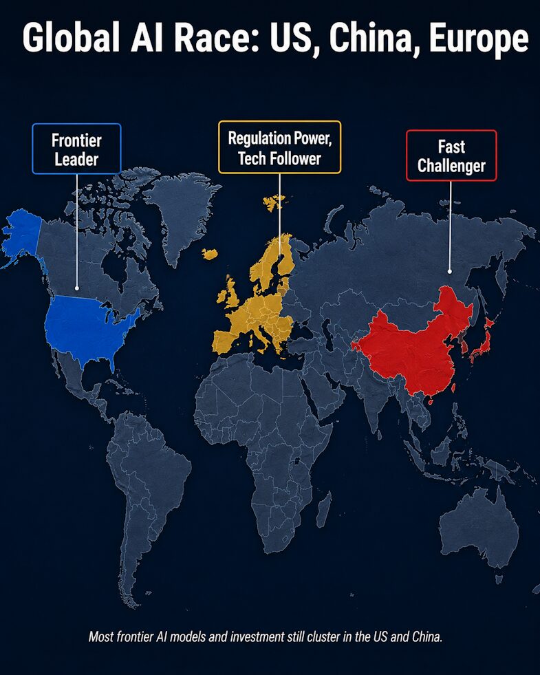 World Map Showing US-China Lead And Europe As AI Follower.