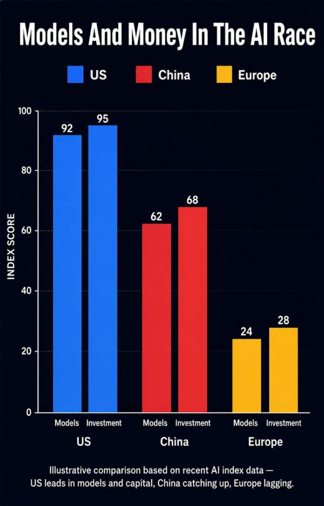 Bar Chart Comparing AI Models And Investment For US, China, Europe.