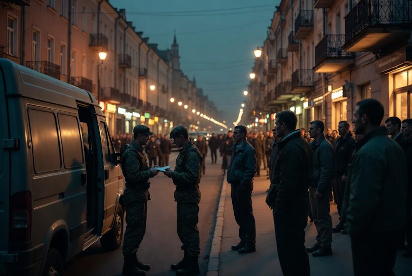 Kyiv night street conscription patrol van 2025