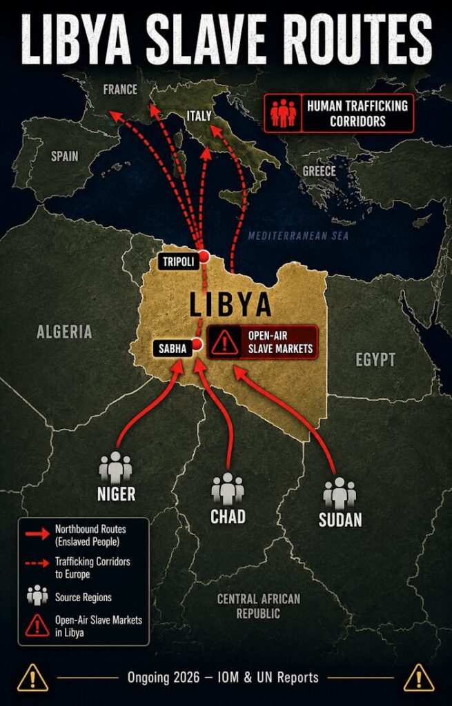 Libya slave markets and migrant trafficking routes, 2026.

