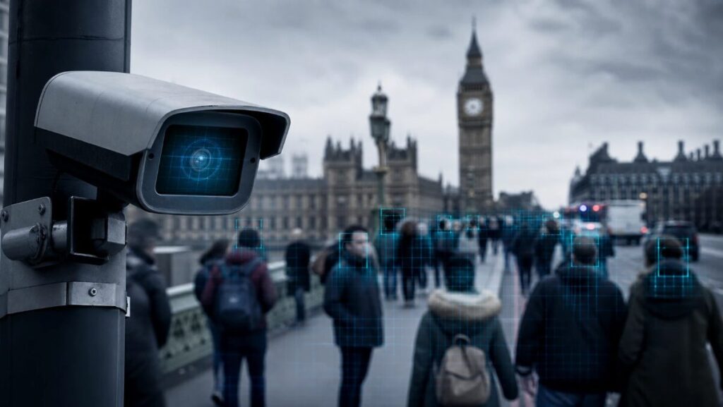 Facial recognition camera London street surveillance.