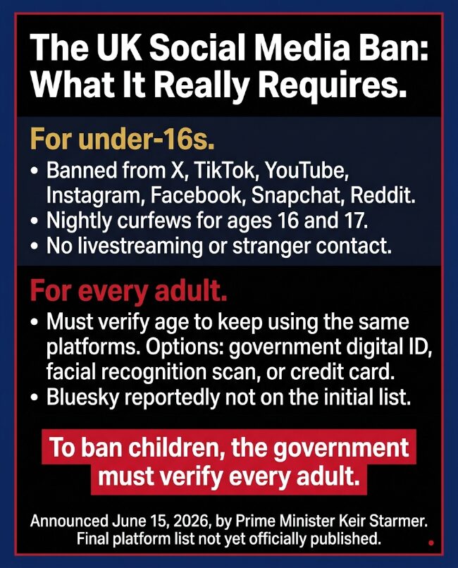 Britain's social media ban for under-16s requires every adult to verify their age through digital ID, facial recognition, or a credit card.