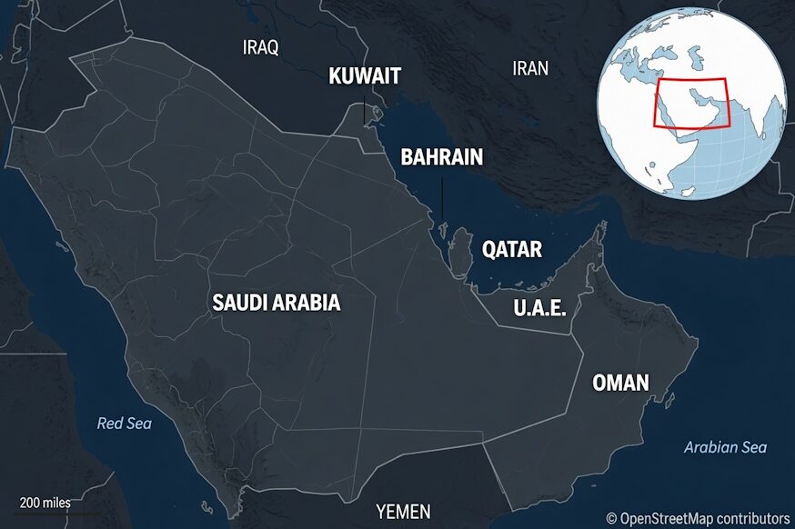 Map of the Persian Gulf region, site of US Iran strikes, June 2026.