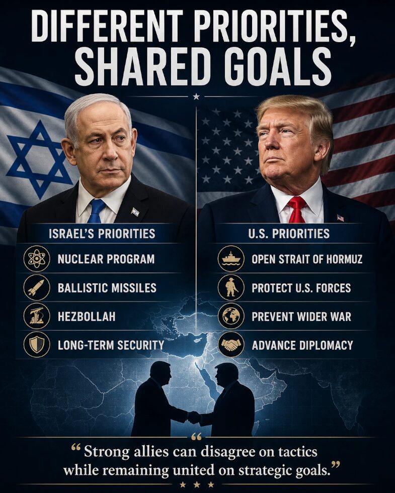 Different priorities do not mean different goals. The United States and Israel remain close allies despite disagreements over strategy and timing.