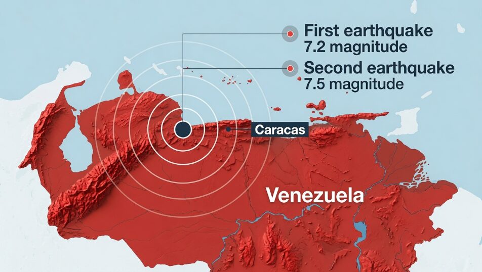 Epicenters of the 7.2 and 7.5 magnitude earthquakes that struck Venezuela on June 24, 2026.