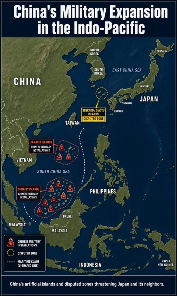Map of China's artificial islands and military zones in the South China Sea.