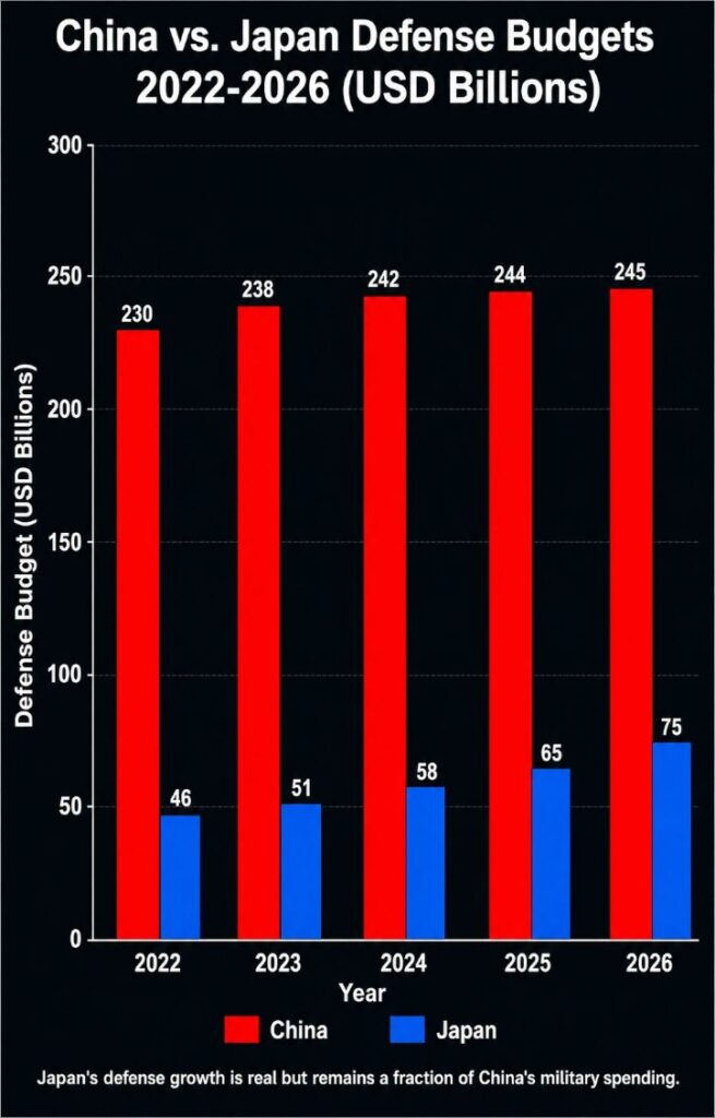China and Japan defense budgets, official figures only, 2022-2026.