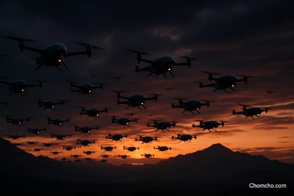 South Korean military drones fly in formation during a joint exercise.