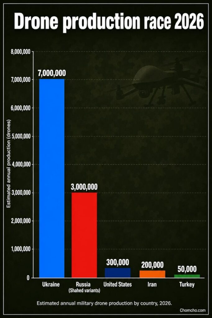 Estimated annual military drone production by country, 2026.
