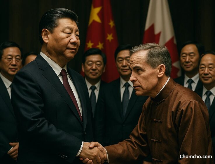 Xi Jinping and Mark Carney at a trade meeting as China enters the Canadian auto market. (AI-generated image.)