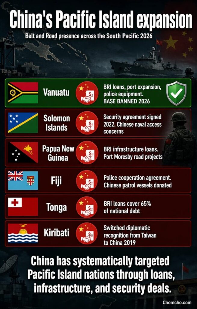 China has systematically targeted Pacific Island nations through loans, infrastructure, and security deals.