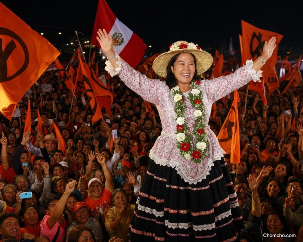 Keiko Fujimori celebrates her historic win. (AI-generated image.)