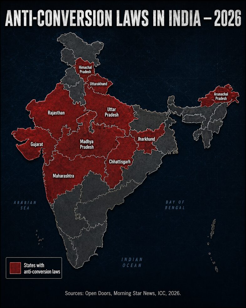 Indian states with active anti-conversion laws, 2026.